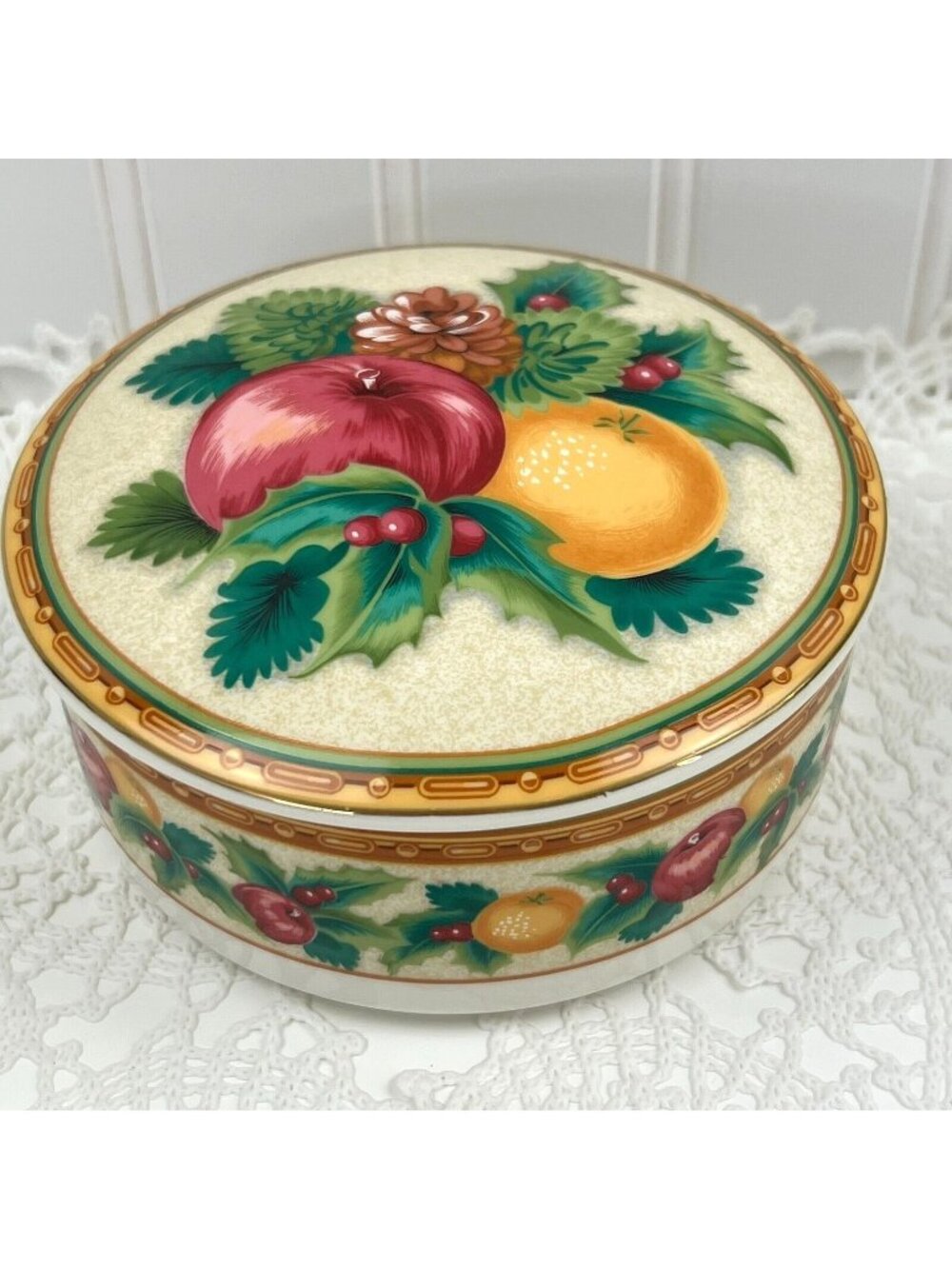 Vintage Mikasa Japan Christmas Trinket Dish Fruit Round Lidded Bowl Multicolor